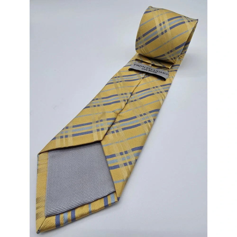 Pronto Uomo 100% Silk Gold Blue Plaid Extra Long Men's Tie 64